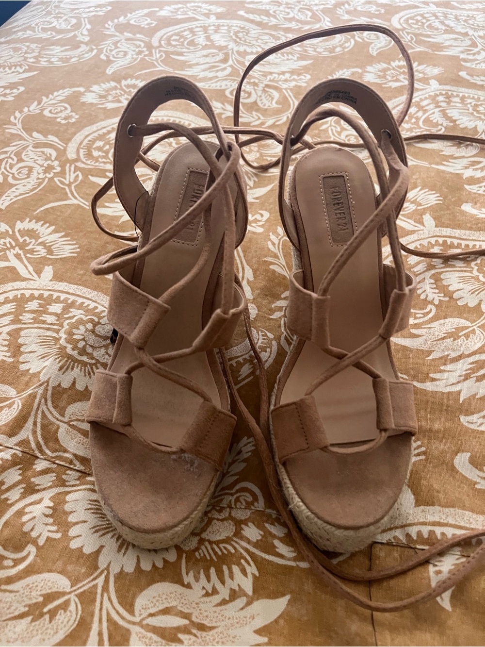 Forever 21 Tan Suede Lace-Up Espadrille Wedge Sandals